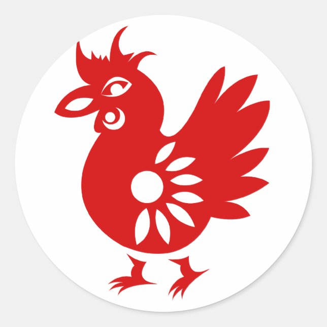 ZODIAC PAPERCUT ROOSTER ILLUSTRATION CLASSIC ROUND STICKER (Front)