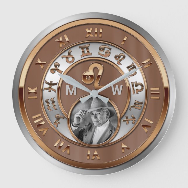 Zodiac Photo Bronze Silver Birth Monogram Leo Lion Large Clock (Front)