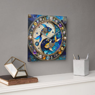Zodiac - Pisces Fish Yin and Yang Square Wall Clock