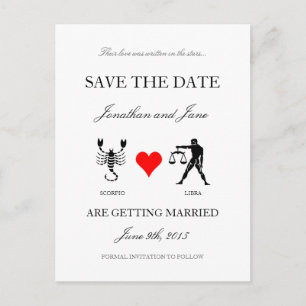 Zodiac Save the Date (Scorpio/Libra) White Announcement Postcard
