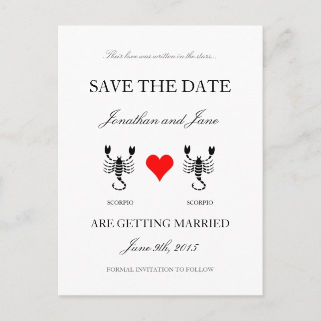 Zodiac Save the Date (Scorpio/Scorpio) White Announcement Postcard (Front)