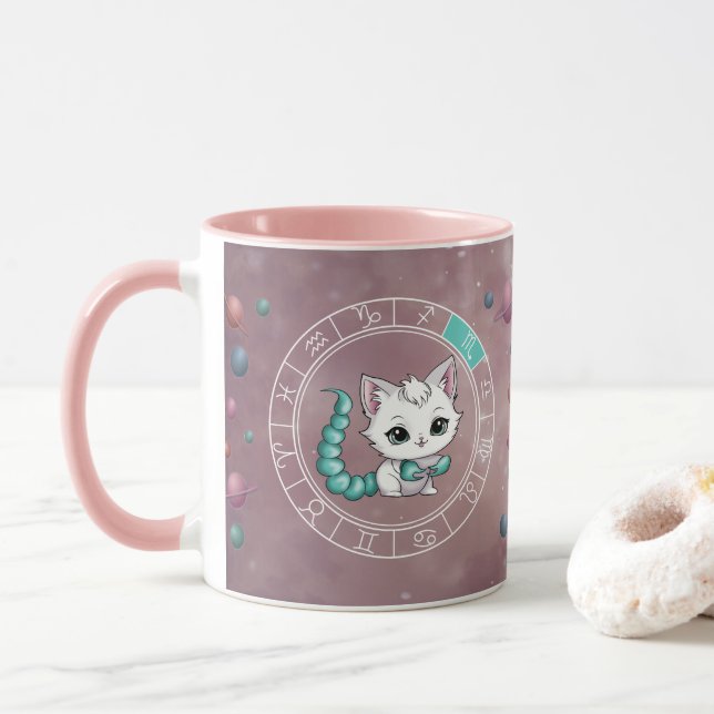 Zodiac Scorpio Cute Cat Wheel Planet Astrology Mug (With Donut)