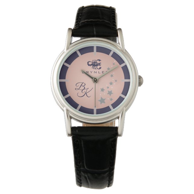 Zodiac Scorpio Elegant Rosé Dark Blue Monogrammed Watch (Front)