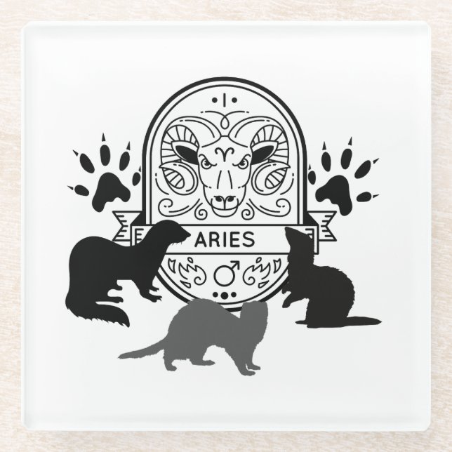 Zodiac Sign and Matching Pets. Aries.Ferret.w Glass Coaster (Front)