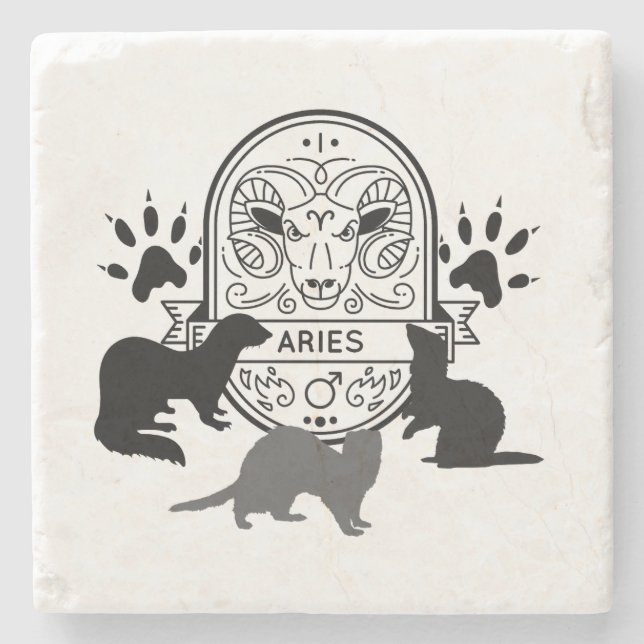 Zodiac Sign and Matching Pets. Aries.Ferret.w Stone Coaster (Front)