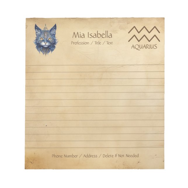 Zodiac Sign Aquarius & Celestial Cat Notepad (Front)