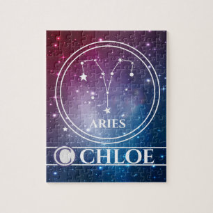 Zodiac Sign ARIES Purple Night Sky Stars Name Jigsaw Puzzle