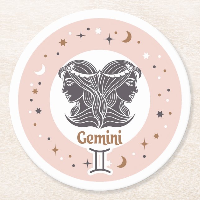 Zodiac Sign Gemini Round Paper Coaster (Front)