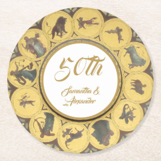 Zodiac sign golden  anniversary round paper coaster