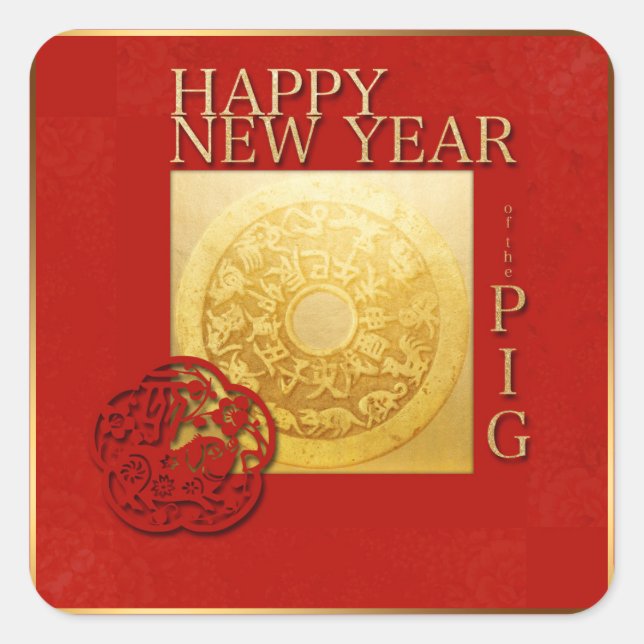 Zodiac Sign Pig Papercut Chinese Year 2019 Square Square Sticker (Front)