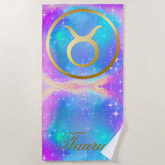 Zodiac Sign Taurus Gold on Colourful Background | Beach Towel