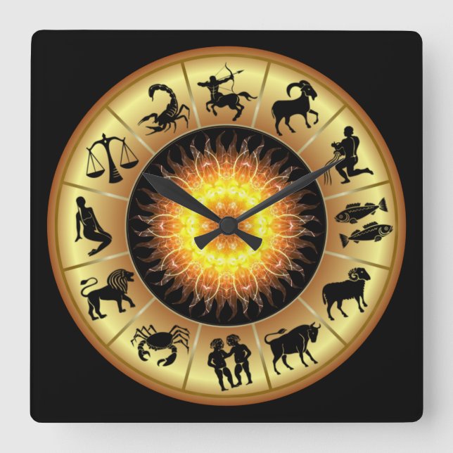 Zodiac Signs ~ Toasted Sun Centre ~ Square Wall Clock (Front)