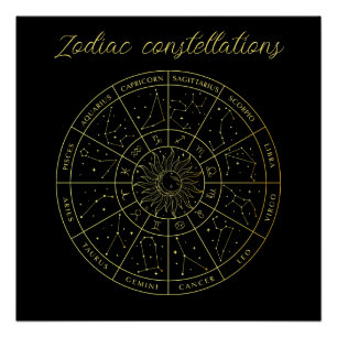 Zodiac star sign horoscope constellations map gold