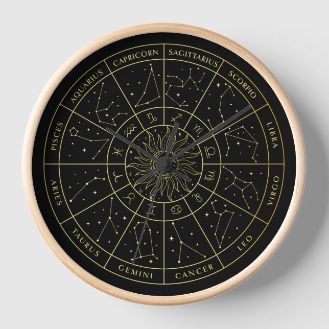 Zodiac star sign horoscope constellations map gold clock (Front)
