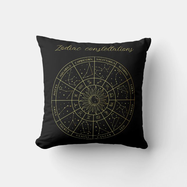Zodiac star sign horoscope constellations map gold cushion (Front)