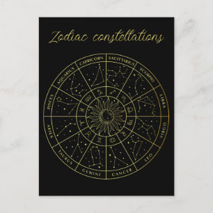 Zodiac star sign horoscope constellations map gold postcard