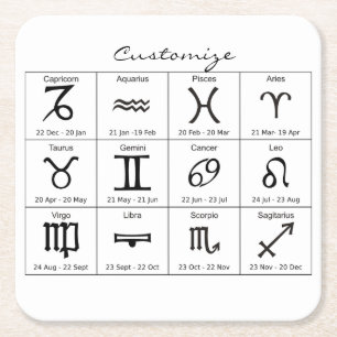 Zodiac Sun Sign Astrology Calendar Thunder_Cove Square Paper Coaster