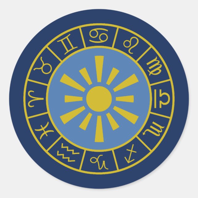 Zodiac Sun Wheel+Astrological Symbols Gold+Blues Classic Round Sticker (Front)