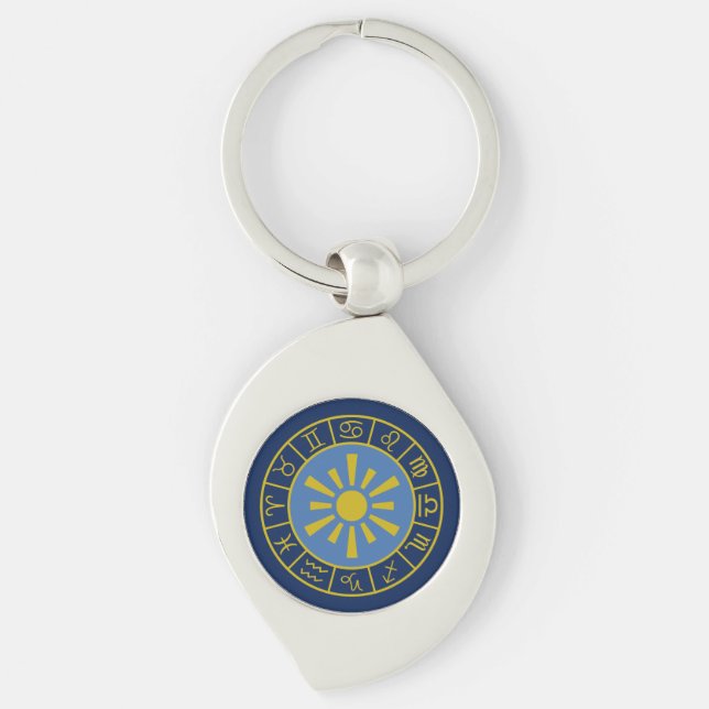 Zodiac Sun Wheel+Astrological Symbols Gold+Blues Key Ring (Front)