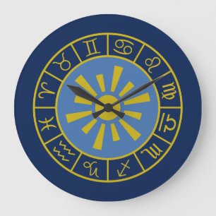 Zodiac Sun Wheel+Astrological Symbols Gold+Blues Large Clock