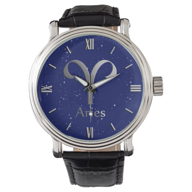 Zodiac Symbol for Aries on Deep Midnight Blue Watch (Front)