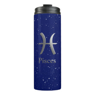 Zodiac Symbol for Pisces on Deep Midnight Blue Thermal Tumbler