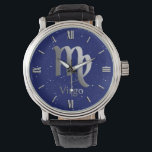 Zodiac Symbol for Virgo on Deep Midnight Blue Watch<br><div class="desc">Watch in the zodiac symbol for Virgo,  in a faux silver gradient,  on a background of deep midnight blue with stars</div>