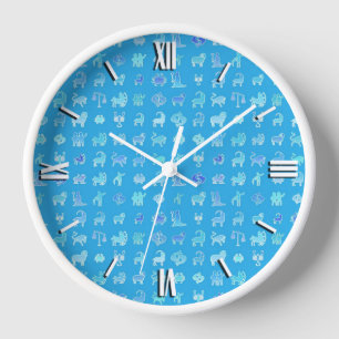 Zodiac symbols, turquoise blue background wall clock