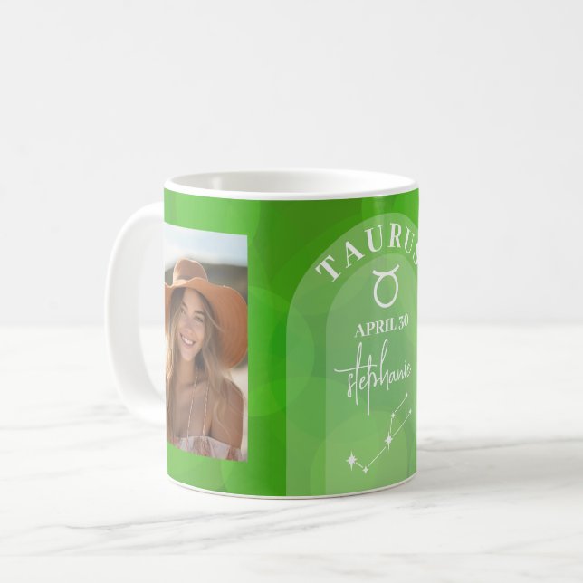 Zodiac Taurus Custom Birthday Photo Astrology Coffee Mug (Front Left)