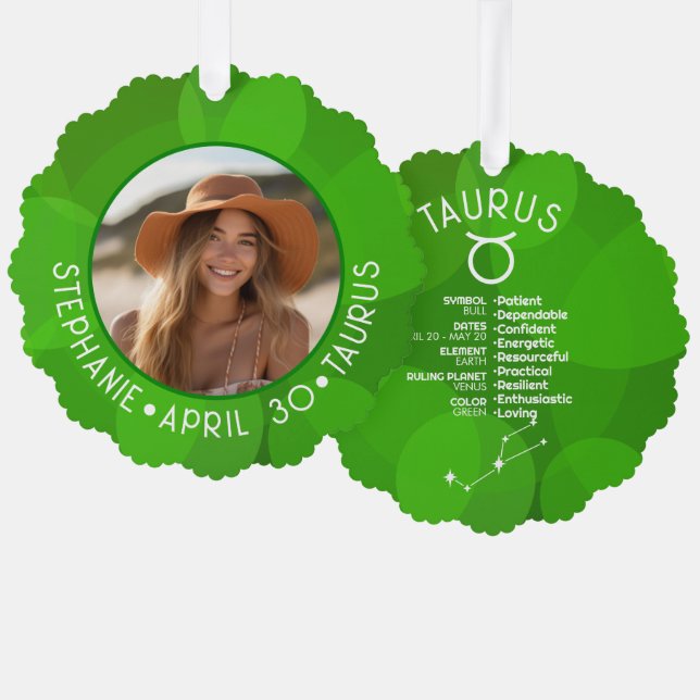 Zodiac Taurus Custom Birthday Photo Astrology Tree Decoration Card (Front/Back)