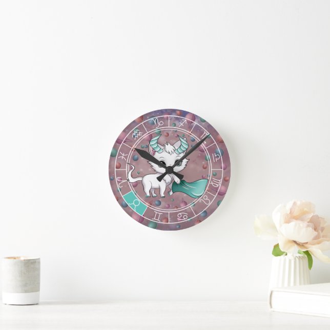 Zodiac Taurus Cute Cat Wheel Planet Astrology Round Clock (Home)