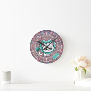 Zodiac Virgo Cute Cat Wheel Planet Astrology Round Clock