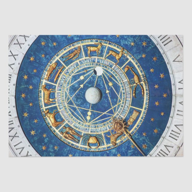 Zodiac Wheel Blue Gold Star Signs Cosmic Celestial Tissue Paper (Front)