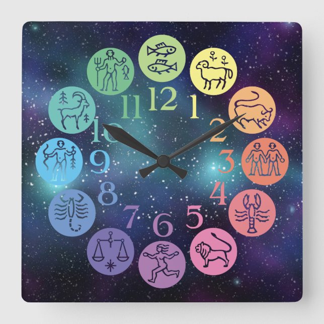 Zodiac Wheel Colourful Horoscope Signs Cosmic Square Wall Clock (Front)
