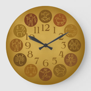 Zodiac Wheel Horoscope Signs Warm Gold Large Clock