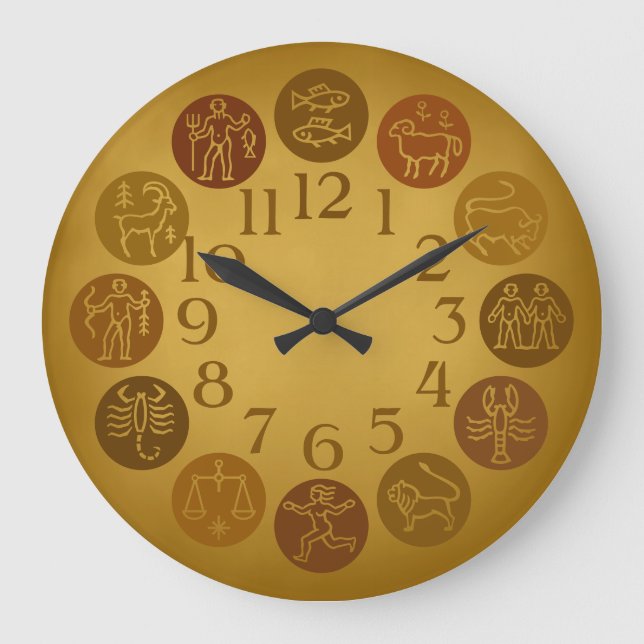 Zodiac Wheel Horoscope Signs Warm Gold Large Clock (Front)