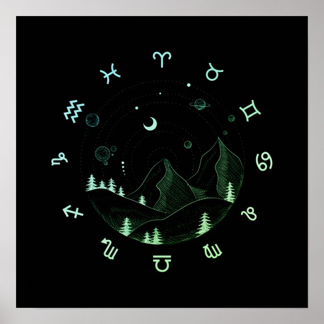 Zodiac Wheel Mountain Landscape Square  Poster (Front)
