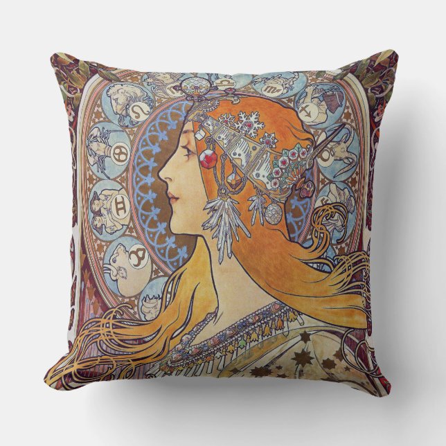 Zodiac with Her Tiara Art Nouveau Cushion (Front)