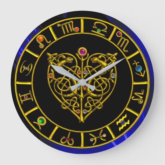 ZODIACAL SIGNS IN BLUE,GOLD ASTRAL HEART Astrology Large Clock (Front)