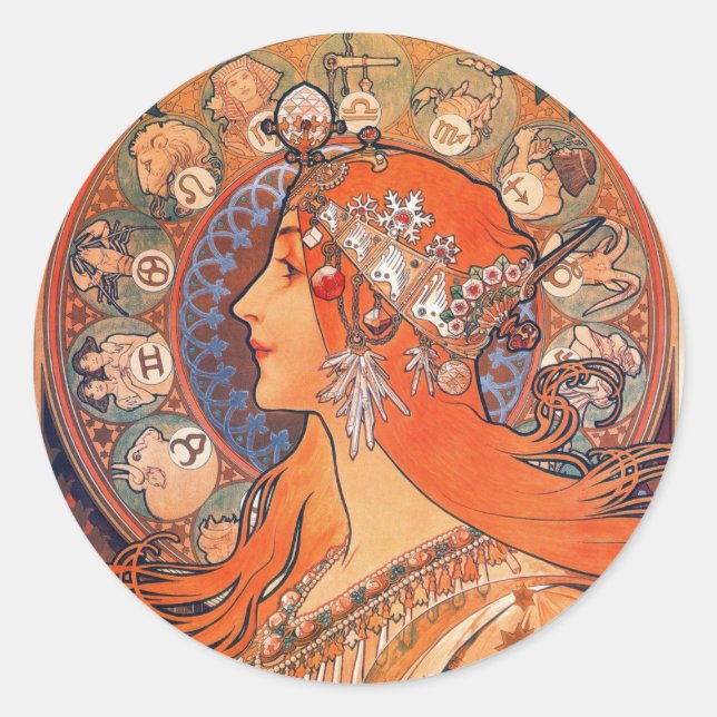 Zodiak Woman by Mucha Classic Round Sticker (Front)