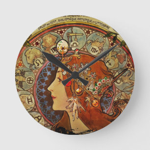 Zodiak Woman by Mucha Round Clock