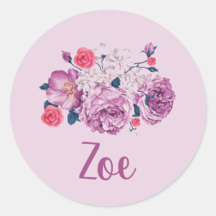 Zoe Name Floral Custom Vintage Flower Pink Girl Classic Round Sticker