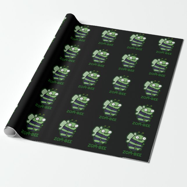 Zom-bee Funny Halloween Zombie Bee Pun Dark BG Wrapping Paper (Unrolled)