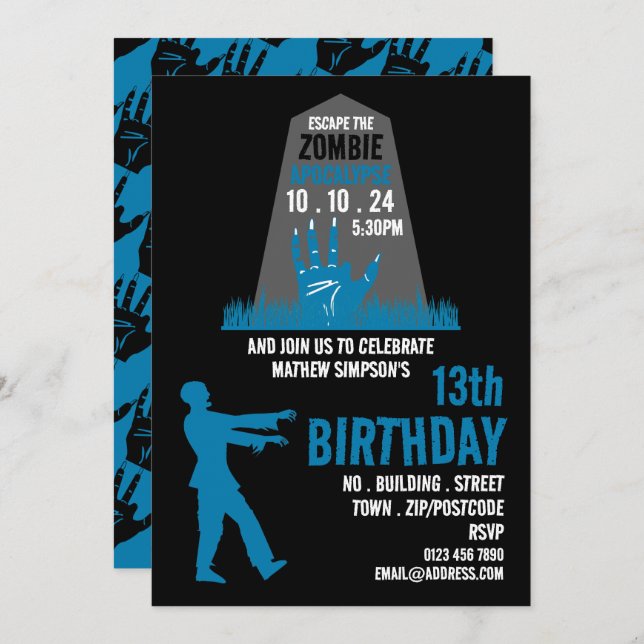 Zombie Apocalypse Theme Escape Room Birthday Party Invitation (Front/Back)
