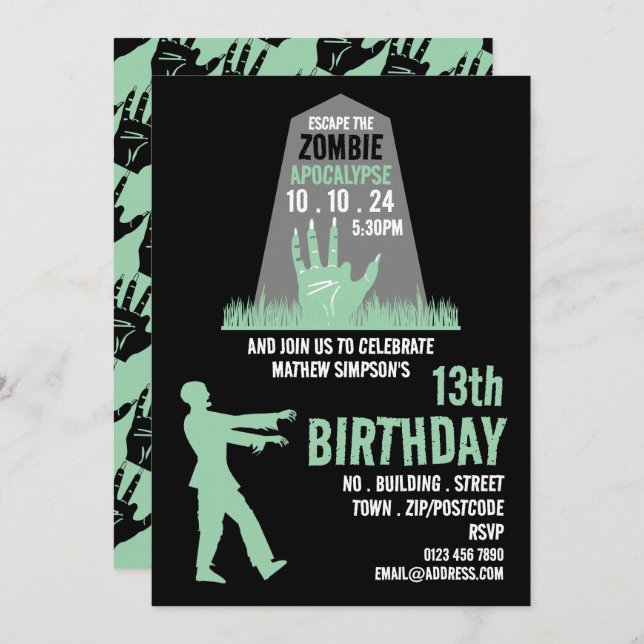 Zombie Apocalypse Theme Escape Room Birthday Party Invitation (Front/Back)
