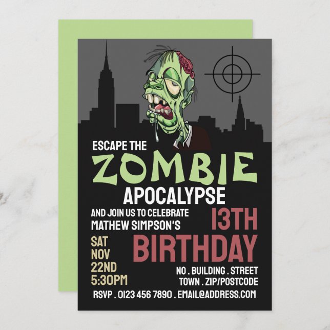 Zombie Apocalypse Theme Escape Room Birthday Party Invitation (Front/Back)
