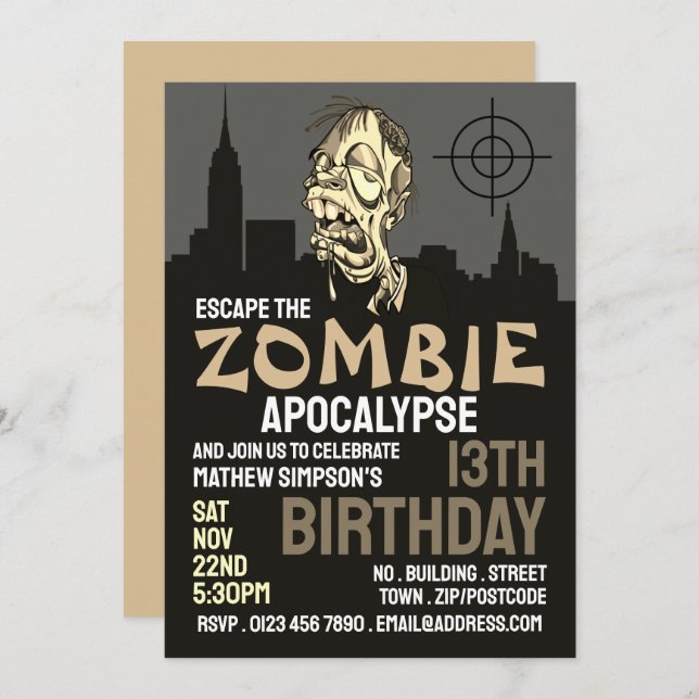 Zombie Apocalypse Theme Escape Room Birthday Party Invitation (Front/Back)