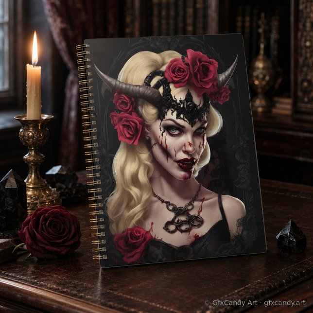 Zombie Babe Gothic Weekly Planner - Goth Aesthetic (Zombie babe gothic planner in a candlelit setting with roses and crystals.)