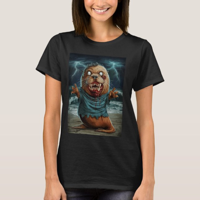 Zombie Beaver With Lightning Background Horror Ent T-Shirt (Front)