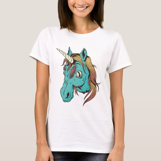 Zombie Blue Cartoon Unicorn T-Shirt (Front)